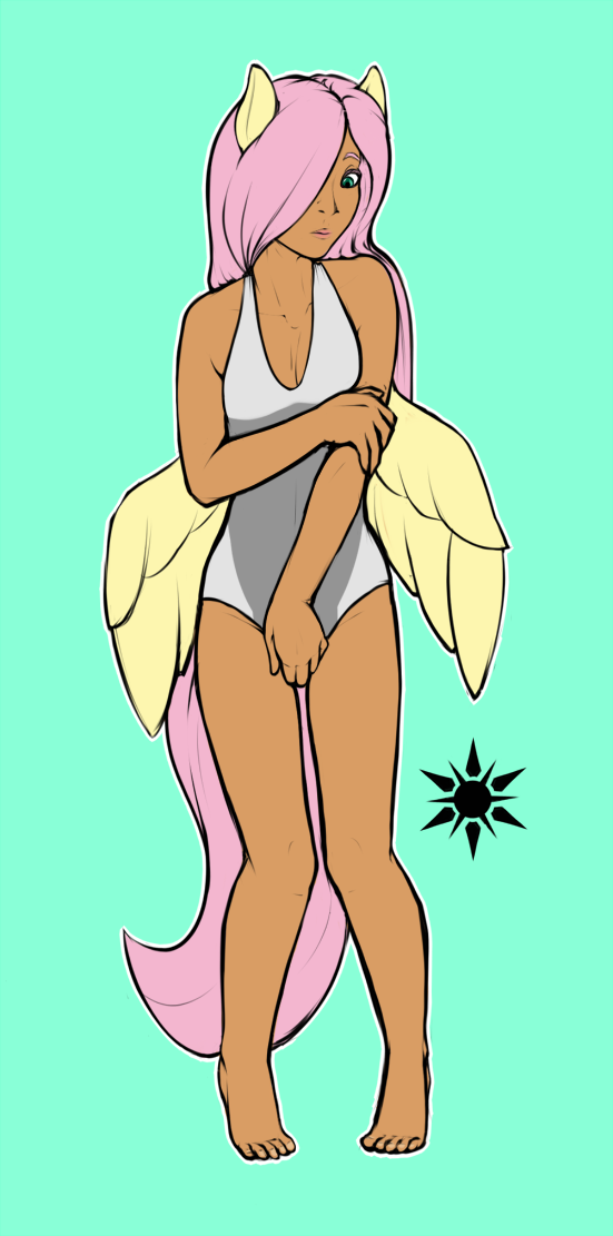 alternate_species breasts clothed clothing dark_body dark_skin feathered_wings feathers female hair humanoidized one-piece_swimsuit small_breasts solo swimwear wings ivory-raven friendship_is_magic hasbro my_little_pony fluttershy_(mlp) humanoid mammal 2015