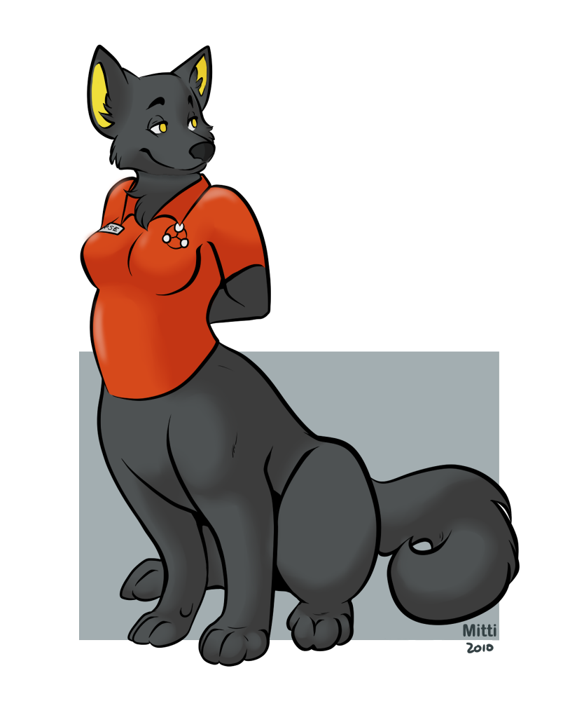 black_body black_fur bottomless breasts clothed clothing female fur solo yellow_eyes mitti chakona_space canid canid_taur canine canine_taur fox fox_taur mammal mammal_taur taur 2010