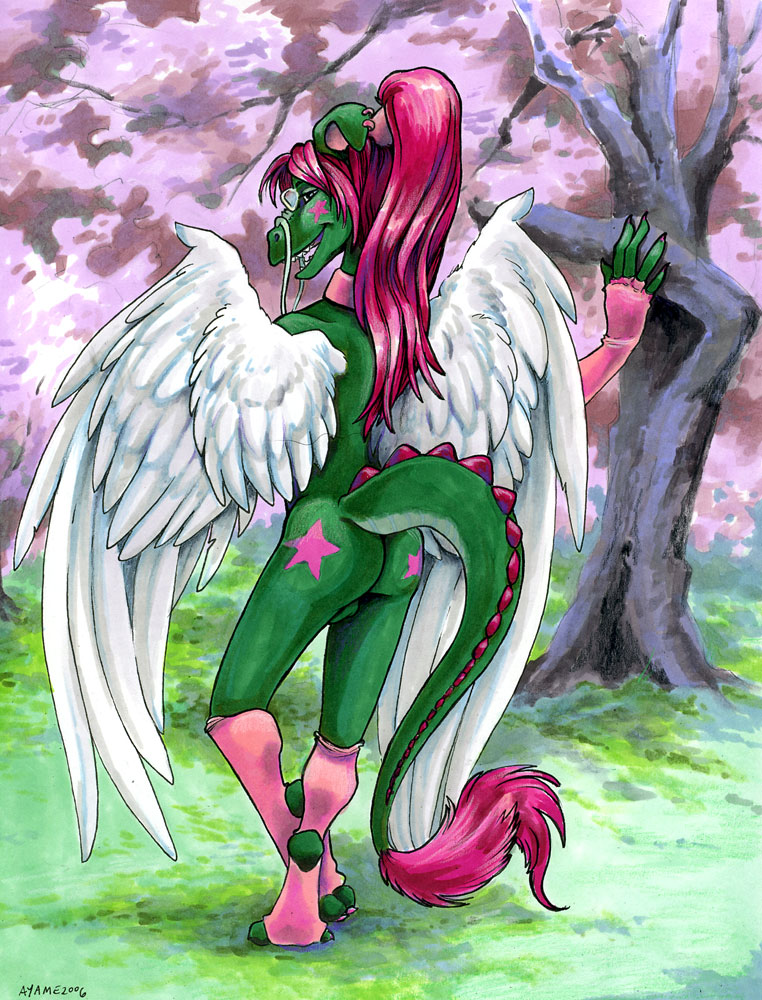 anthro backsack balls barbel_(anatomy) biped butt claws clothing collar detailed_background ear_piercing feathered_wings feathers femboy flesh_whiskers genitals grass hair legwear long_ears long_hair male non-mammal_balls nude open_mouth piercing plant ponytail presenting raised_tail smile solo standing star stockings tail teeth tree wings ayame_emaya mythology zakkie_starres zakkie_starres_(character) dragon feathered_dragon feathered_scalie mythological_creature mythological_scalie scalie 2006