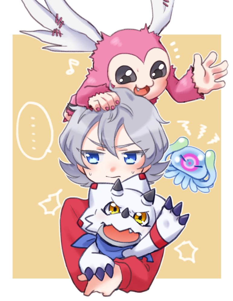 annoyed anthro blue_eyes ellipsis female feral fur grey_hair group hair horn kerchief male neckerchief neckwear pink_body pink_fur tentacles white_body yellow_eyes uni_hkdm_gsg bandai_namco digimon digimon_ghost_game gammamon_(ghost_game) jellymon_(ghost_game) kiyoshiro_higashimitarai digimon_(species) gammamon human jellymon mammal piximon