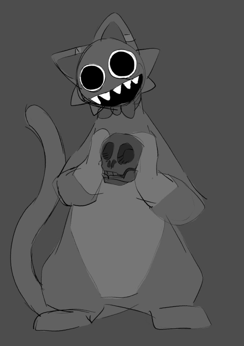 ambiguous_anthro ambiguous_gender anthro biped bow_tie bow_tie_only cheek_tuft countershade_torso countershading creepy_smile empty_eyes facial_tuft featureless_crotch front_view grey_background head_tilt holding_object holding_skull hollow_eyes long_tail looking_at_viewer monotone_background mostly_nude open_mouth open_smile sharp_teeth simple_background smile smiling_at_viewer solo soul_devouring_eyes standing tail teeth tuft void_eyes misoden_(artist) delibas_(misoden) animate_inanimate domestic_cat felid feline felis living_clothing living_costume living_fursuit mammal 2024 digital_drawing_(artwork) digital_media_(artwork) full-length_portrait greyscale guide_lines monochrome portrait