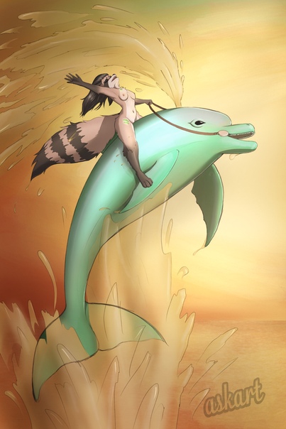 anthro breasts brown_body brown_fur brown_hair duo female fur green_body green_skin hair navel nipples nude sea water askart astra_(askart) cetacean dolphin mammal marine oceanic_dolphin procyonid raccoon toothed_whale digital_media_(artwork)
