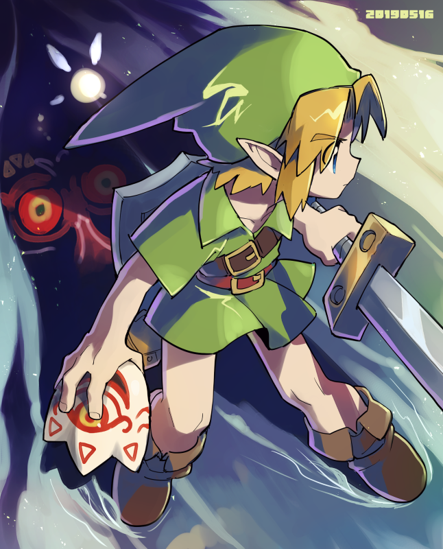 ambiguous_gender boots clothed clothing duo footwear green_clothing green_hat green_headwear hat headgear headwear holding_mask holding_melee_weapon holding_object holding_sword holding_weapon humanoid_pointy_ears male mask melee_weapon not_furry pointy_ears shoes sword weapon young enotou_moi majora's_mask nintendo the_legend_of_zelda young_link fairy humanoid hylian 2019