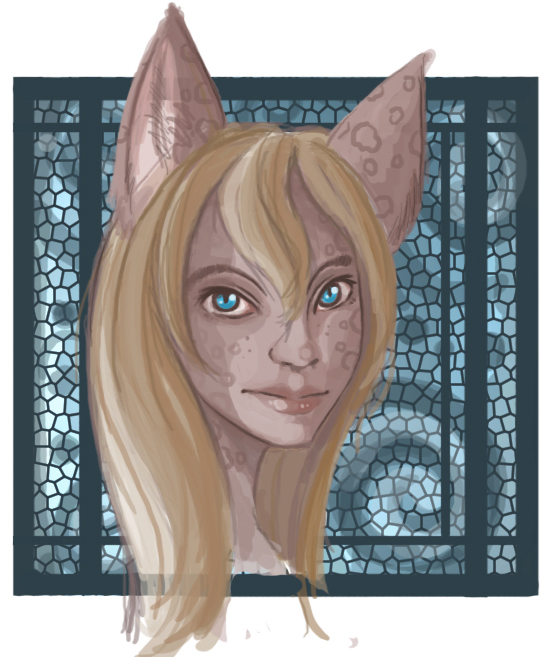 anthro blonde_hair blue_eyes brown_body brown_fur close-up female fur hair looking_at_viewer smile solo spots raptor007 lalee felid mammal 2013 digital_media_(artwork)