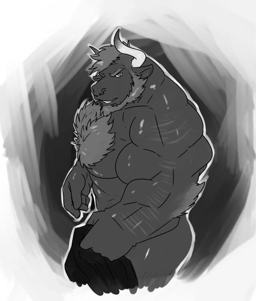 anthro beard big_muscles body_hair chest_hair facial_hair horn huge_muscles looking_at_viewer male muscular muscular_anthro muscular_male nude solo standing deadanthro boku_(character) bovid bovine cattle mammal 2018 monochrome