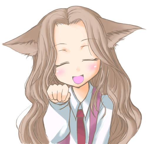 5_fingers blush brown_hair eyes_closed female fingers hair long_hair necktie open_mouth open_smile paw_pose pose simple_background smile solo white_background hane_(hanegoya) code_geass nunnally_lamperouge animal_humanoid cat_humanoid felid felid_humanoid feline feline_humanoid humanoid mammal mammal_humanoid low_res