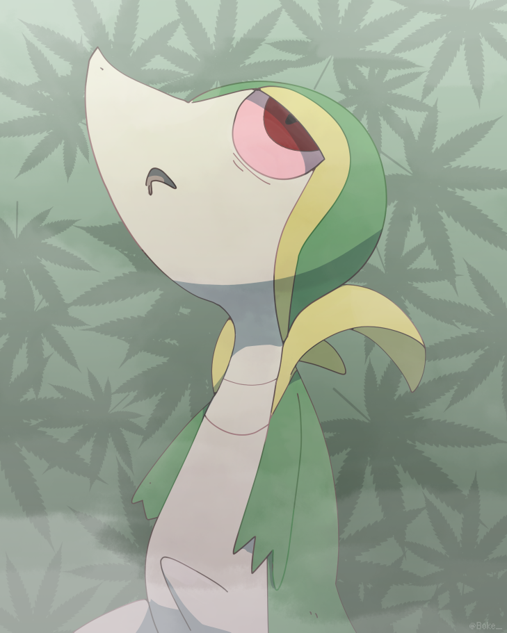3_fingers ambiguous_gender bloodshot_eyes bodily_fluids countershade_face countershade_torso countershading drooling drugs eye_bags eye_roll featureless_feet feet feral fingers fumes green_background half-closed_eyes low-angle_view marijuana marijuana_leaf narrowed_eyes one_leg_up raised_head raised_leg red_eyes saliva simple_background sitting solo soul_devouring_eyes text boke_(artist) nintendo pokemon generation_5_pokemon pokemon_(species) snivy 2018 artist_name digital_media_(artwork) half-length_portrait portrait