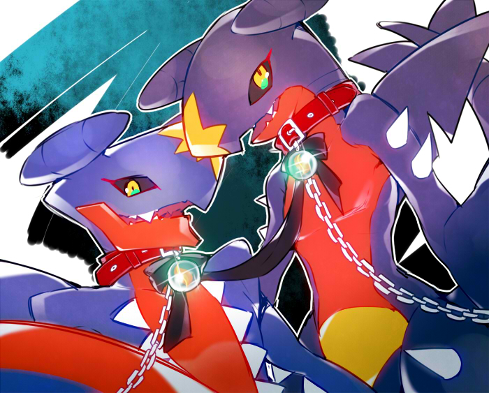 abstract_background ambiguous_gender chain collar duo evolutionary_stone feral looking_at_viewer mega_stone open_mouth simple_background smile spikes tail teeth yellow_eyes xx56su_x mythology nintendo pokemon dragon garchomp generation_4_pokemon generation_6_pokemon mega_evolution mega_garchomp mythological_creature mythological_scalie pokemon_(species) scalie 2015