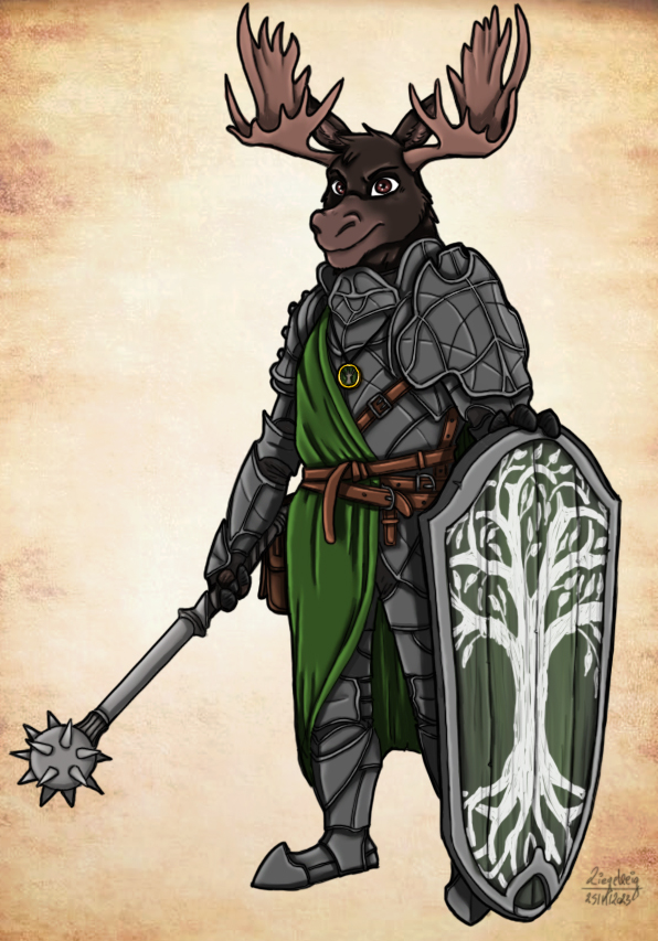 anthro armor belt brown_body brown_eyes brown_fur cape clothing fur jewelry knight male medieval morgenstern necklace paladin shield solo warrior ziegelzeig borgen_antlerson_(shevron) deer mammal moose new_world_deer 2023