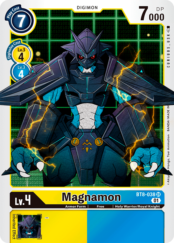 3_fingers ambiguous_gender armor black_armor blue_body card_game claws digimon_card electricity fingers gaming looking_at_viewer mask muscular red_eyes solo text trading_card trading_card_template white_body sketchworksu_(artist) bandai_namco digimon digimon_card_game mythology animal_humanoid digimon_(species) dragon dragon_humanoid humanoid magnamon magnamon_(black) mythological_creature mythological_scalie scalie english_text