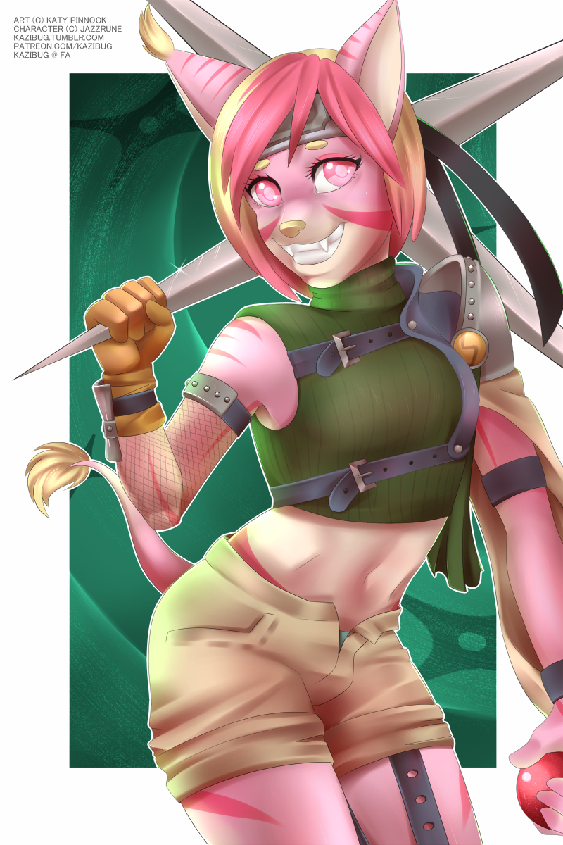 5_fingers anthro breasts cosplay eyelashes female fingers hair holding_object holding_weapon midriff navel pink_eyes pink_hair smile weapon kazibug final_fantasy final_fantasy_vii square_enix yuffie_kisaragi felid mammal 2:3 digital_media_(artwork) hi_res