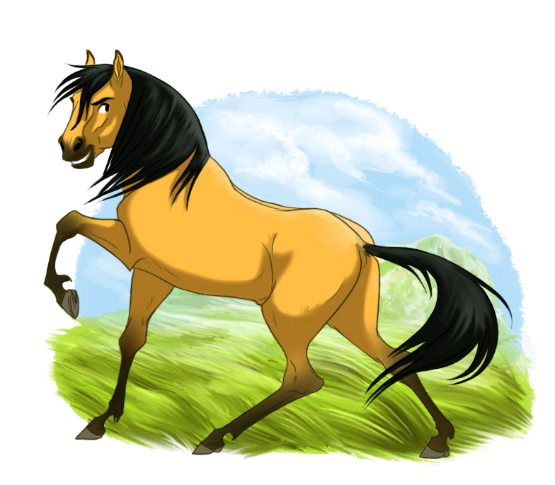 abstract_background ambiguous_gender black_hair feral fur grass hair hooves looking_at_viewer orange_body orange_fur plant smile solo adlynh dreamworks spirit:_stallion_of_the_cimarron spirit_(cimarron) equid equine horse mammal 2010