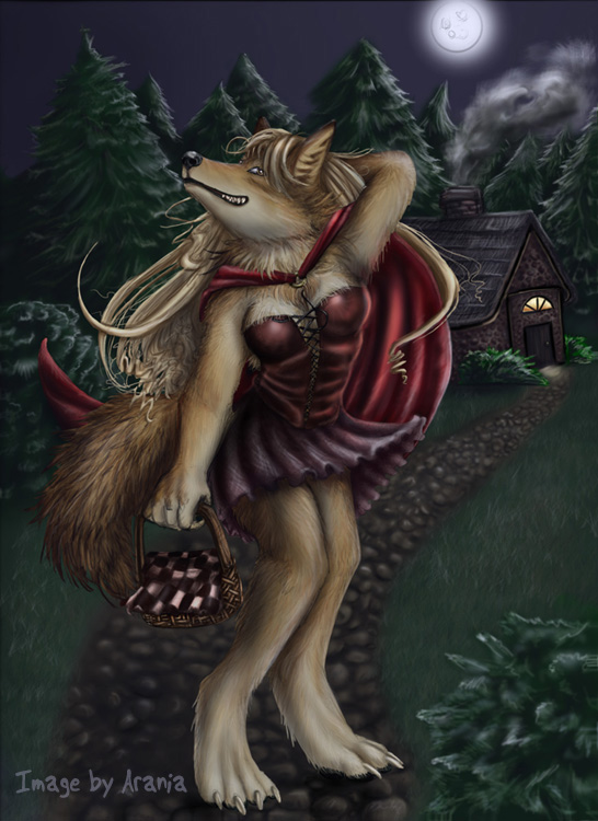 anthro basket blonde_hair bottomwear breasts brown_body brown_fur cloak clothed clothing container female forest fur hair moon night outside plant shy skirt solo tree arania fairy_tales little_red_riding_hood_(copyright) little_red_riding_hood canid canine canis mammal wolf