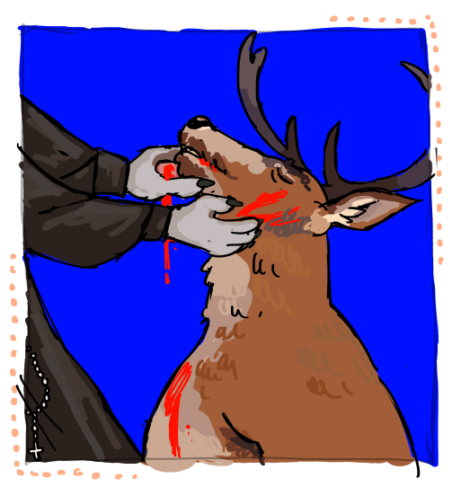 4_fingers anthro antlers beads black_nose blood blood_drip blood_on_face blood_on_hand blue_background bodily_fluids border brown_antlers brown_body brown_clothing brown_fur brown_robe claws clothed clothed_anthro clothing dripping duo eyes_closed finger_claws fingers fur grey_body grey_claws grey_fur head_tilt holding_face horn light male male_anthro monk multicolored_body multicolored_fur prayer_beads priest robe side_view simple_background two_tone_body two_tone_fur white_border flockdog agosto_(flockdog) giacomo_luciano_tail canid canine canis deer italian_wolf mammal wolf 2024 colored digital_drawing_(artwork) digital_media_(artwork) english_description lighting shaded