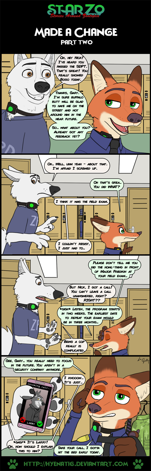 4_fingers anthro cellphone clothing collar electronics fingerpads fingers fur green_eyes male orange_body orange_fur pawpads phone police police_uniform shock_collar smartphone text uniform white_body white_fur hyenatig_(artist) disney zoodystopia zootopia gary_(zootopia) larry_(zootopia) nick_wilde canid canine canis fox mammal red_fox true_fox wolf 2017 comic english_text hi_res