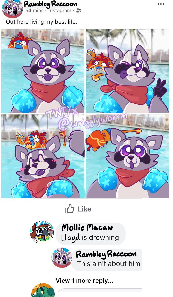 anthro asphyxiation black_hands blue_mouth blue_nose blue_pawpads countershade_face countershade_torso countershading day drowning female fur gloves_(marking) grey_body grey_fur kerchief male mane markings neckerchief one_eye_closed orange_body orange_fur outside pawpads photo_background purple_eyes purple_mouth red_kerchief red_mane red_neckerchief swimming_pool text unusual_anatomy unusual_wings water_wings wings wink wrigglyworrm indigo_park instagram finley_the_sea_serpent lloydford_l._lion mollie_macaw rambley_raccoon avian bird felid lion macaw mammal neotropical_parrot pantherine parrot procyonid raccoon reptile scalie sea_serpent true_parrot 2024 comment_chain english_text hi_res meme photography_(artwork)