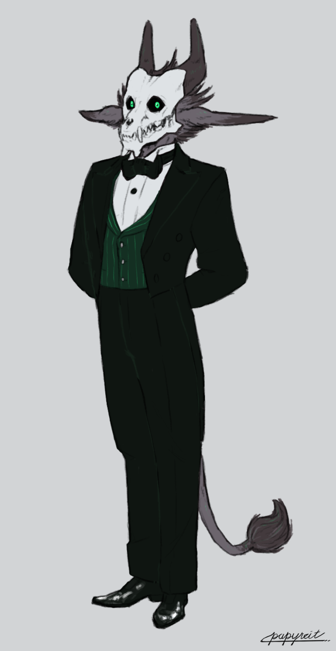 anthro black_tie_(suit) bone bottomwear bow_tie butler clothed clothing coat collared_shirt dress_shirt footwear formal formal_clothing formal_wear gentleman horn male pants shirt shoes skull skull_head solo suit tail tail_tuft tailcoat topwear tuft vest papyreit basil_(papyreit) demon hi_res