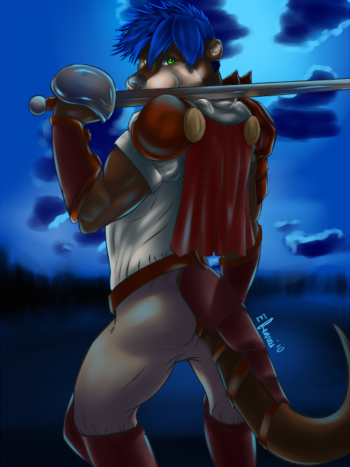 anthro blue_hair brown_body brown_fur fur green_eyes hair holding_melee_weapon holding_object holding_sword holding_weapon looking_at_viewer male melee_weapon short_hair solo sword tail weapon efenrai efenrai_(character) mammal mustelid otter 2010 3:4