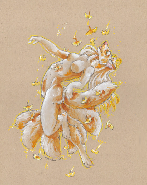 anthro autumn blonde_hair breasts falling_leaves featureless_breasts female flower fur hair leaf multi_tail nude open_mouth plant simple_background solo tail tan_background tan_body tan_fur heather_bruton fox_spirit 2024 acrylic_painting_(artwork) graphite_(artwork) traditional_media_(artwork)