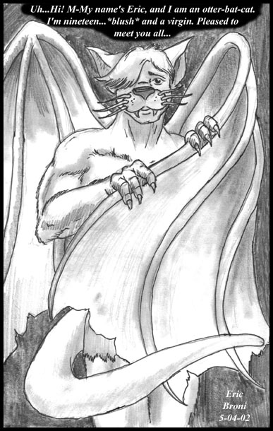 anthro bottomwear clothing looking_at_viewer male membrane_(anatomy) membranous_wings shorts shy solo text wings borni bat domestic_cat felid feline felis hybrid mammal mustelid otter 2002 english_text monochrome