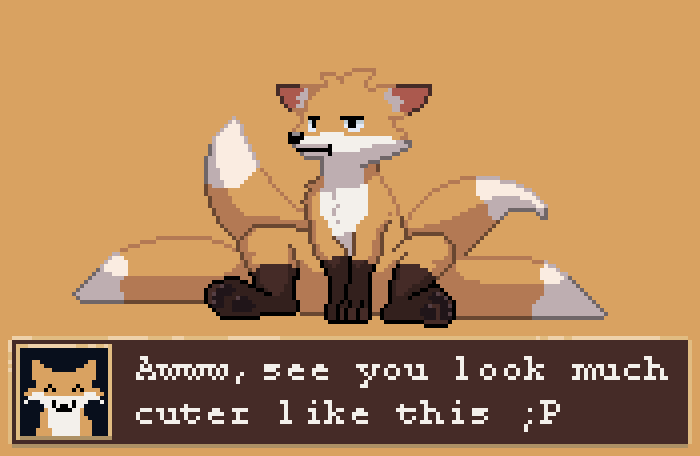 after_transformation ambiguous_gender dialogue feral front_view fur multi_tail pawpads paws pouting sitting solo tail unimpressed 8bit_familiar canid canine fox fox_spirit mammal digital_media_(artwork) pixel_(artwork)