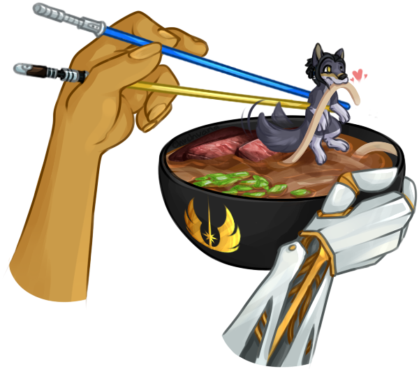 black_hair blue_lightsaber chopsticks cybernetic_arm cybernetic_limb cybernetics duo feral food hair heart_symbol jedi_crest lightsaber machine meat melee_weapon micro nom noodles prosthetic ramen simple_background tail tail_motion tailwag weapon yellow_eyes yellow_lightsaber chuchuana star_wars kajex_surnahm syrra canid canine canis felid kanj'isha mammal trianii wolf alpha_channel