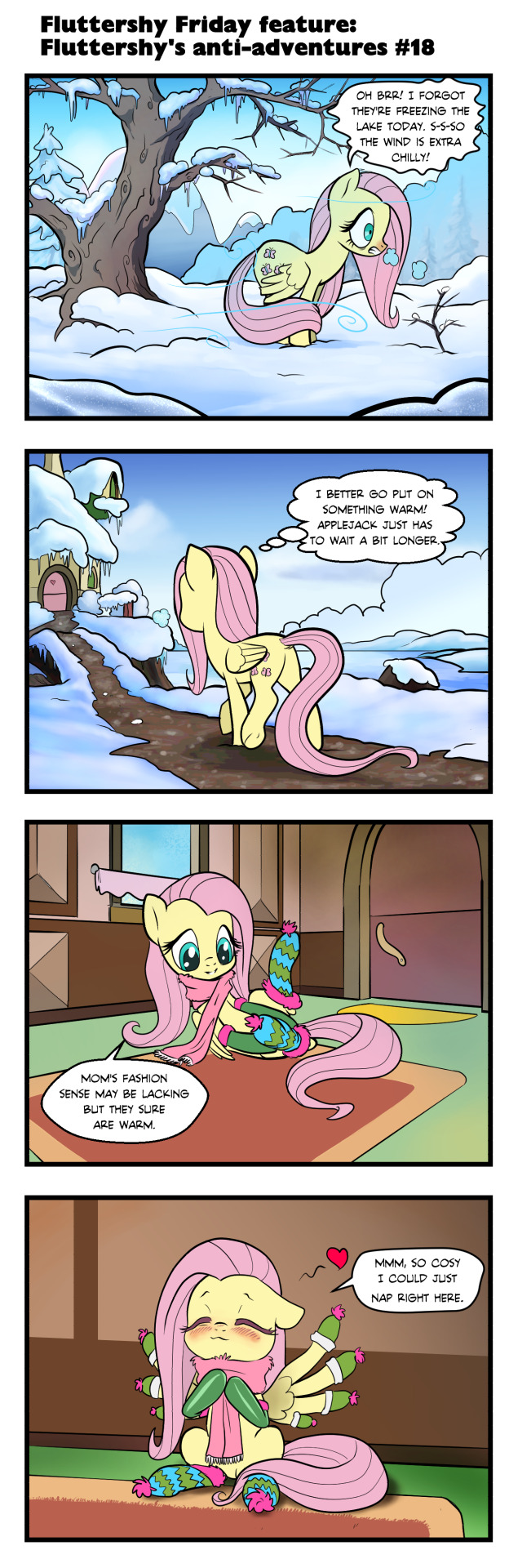 blush clothing cold cutie_mark female feral footwear four_frame_image four_frame_sequence freezing heart_symbol scarf shaking shivering snow snowing socks text wings winter pencils_(artist) friendship_is_magic hasbro my_little_pony mythology fluttershy_(mlp) equid equine horse mammal mythological_creature mythological_equine pegasus pony comic english_text hi_res