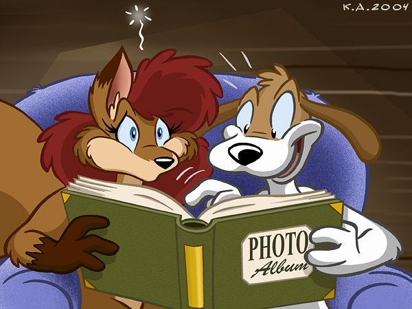 anthro blue_eyes book chair duo female furniture hair holding_book holding_object male reading recliner red_hair scrap_book toony karri_aronen phoxhunt canid canine canis domestic_dog fox mammal 2004 4:3