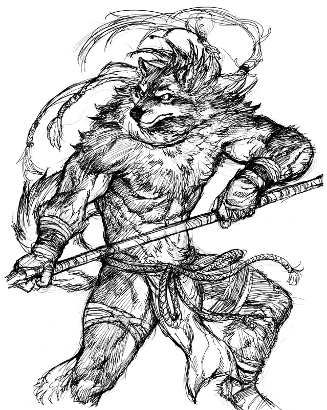 abs anthro biceps biped bottomwear braided_hair chest_tuft clothed clothing fur hair kemono loincloth male melee_weapon muscular muscular_anthro muscular_male pecs polearm pose solo spear standing topless tuft weapon emboss0320 canid canine canis mammal wolf monochrome sketch