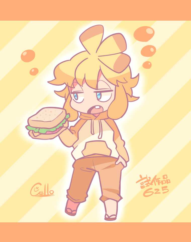 alternate_species blonde_hair blue_eyes clothed clothing food footwear hair half-closed_eyes hand_in_pocket holding_food holding_object hoodie humanoidized male narrowed_eyes open_mouth pattern_background pockets sandals sandwich_(food) shoes simple_background solo striped_background text topwear yellow_background cello2424 disney lilo_and_stitch reuben_(lilo_and_stitch) alien experiment_(lilo_and_stitch) humanoid 2019 japanese_text letterbox