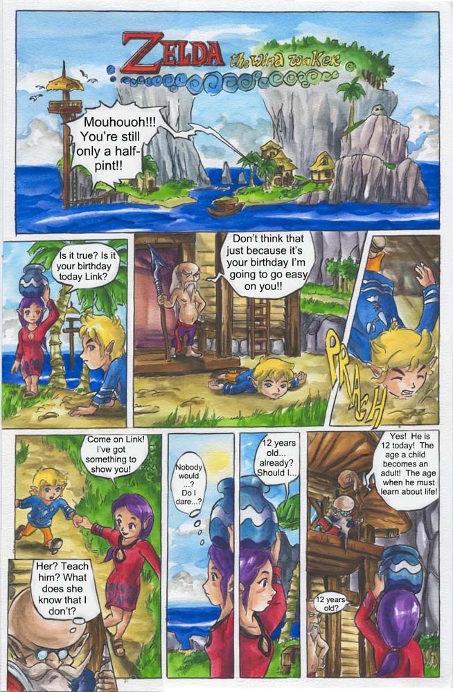 female humanoid_pointy_ears male not_furry text young young_female young_humanoid young_male passage nintendo the_legend_of_zelda wind_waker link toon_link humanoid hylian comic english_text traditional_media_(artwork)