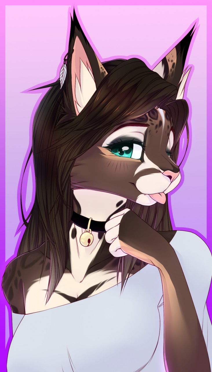 anthro brown_hair clothed clothing collar ear_piercing eyelashes female green_eyes hair piercing pink_background pink_nose pink_tongue simple_background smile solo tongue savemekitty domestic_cat felid feline felis mammal 2017 digital_media_(artwork) hi_res