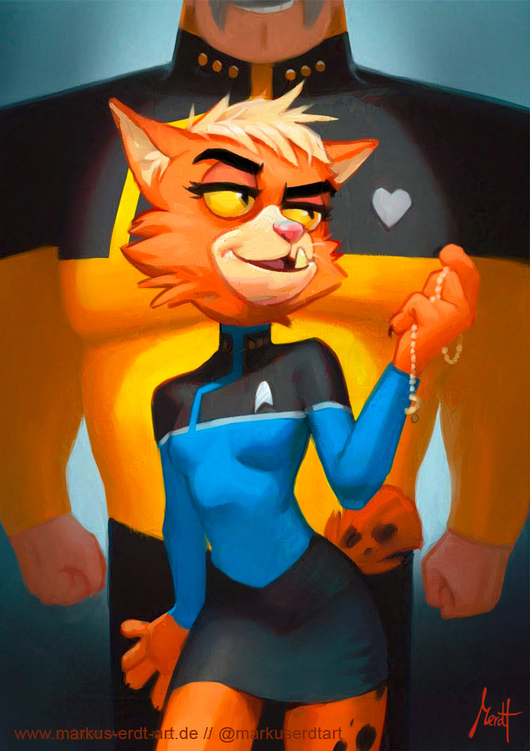 anthro bottomwear clothed clothing duo fangs female jewelry male male/female size_difference slim teeth topwear yellow_eyes markuserdtart star_trek star_trek_lower_decks dr._t'ana shaxs bajoran caitian felid feline humanoid mammal adversarial_noise