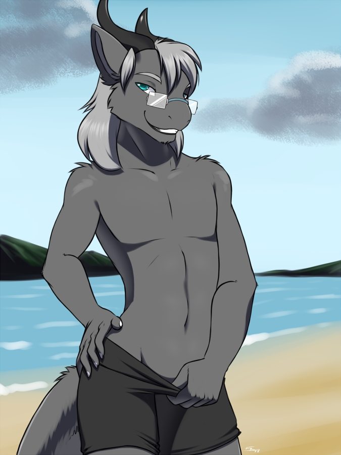 anthro beach clothed clothing clothing_pull detailed_background eyewear fur glasses grey_body grey_fur grey_hair hair hand_on_hip horn male outside seaside smile solo swimwear tail teal_eyes topless topless_male water furball mythology askareth dragon furred_dragon furred_scalie mythological_creature mythological_scalie scalie 3:4