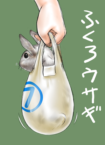 ambiguous_gender bag container domestic_pet duo feral in_bag in_container shopping_bag text what uziga_waita if_it_fits_i_sits_(meme) lagomorph leporid mammal rabbit japanese_text meme translated