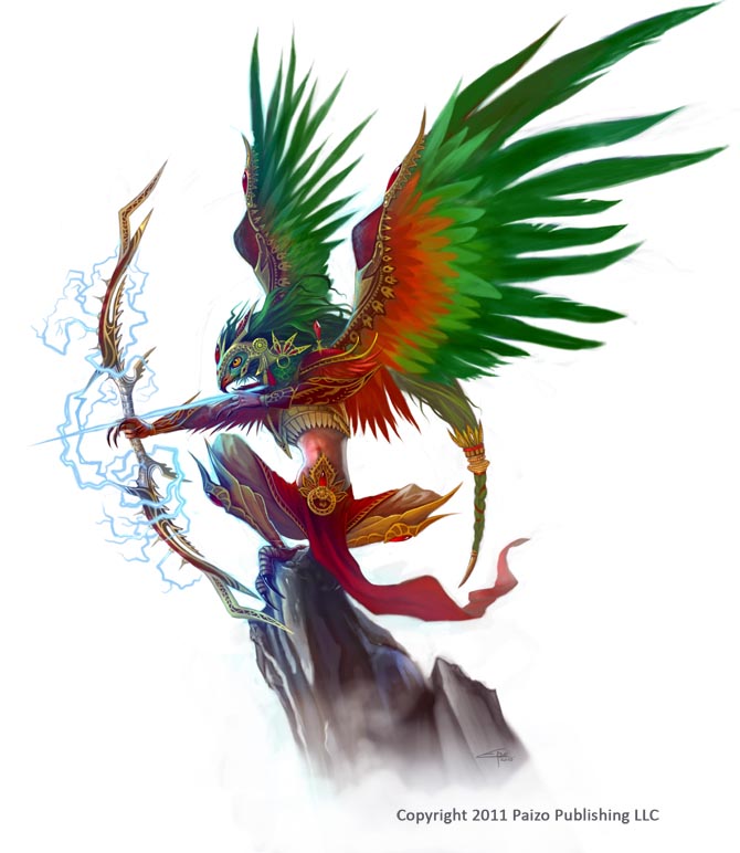 archer armor arrow_(weapon) bow_(weapon) clothed clothing feathered_wings feathers green_hair hair holding_object holding_weapon jewelry long_hair magic_user male orange_eyes ranged_weapon solo text weapon wings carolina_eade pathfinder garuda avian 2011 english_text