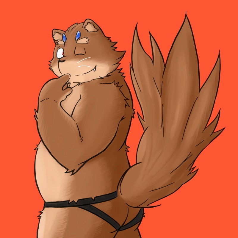 anthro brown_body brown_fur clothing cute_fangs fangs fur jockstrap kemono male one_eye_closed red_background simple_background slightly_chubby solo teeth underwear wink agiran incubus! ink_incuberia canid canine mammal 1:1 2014