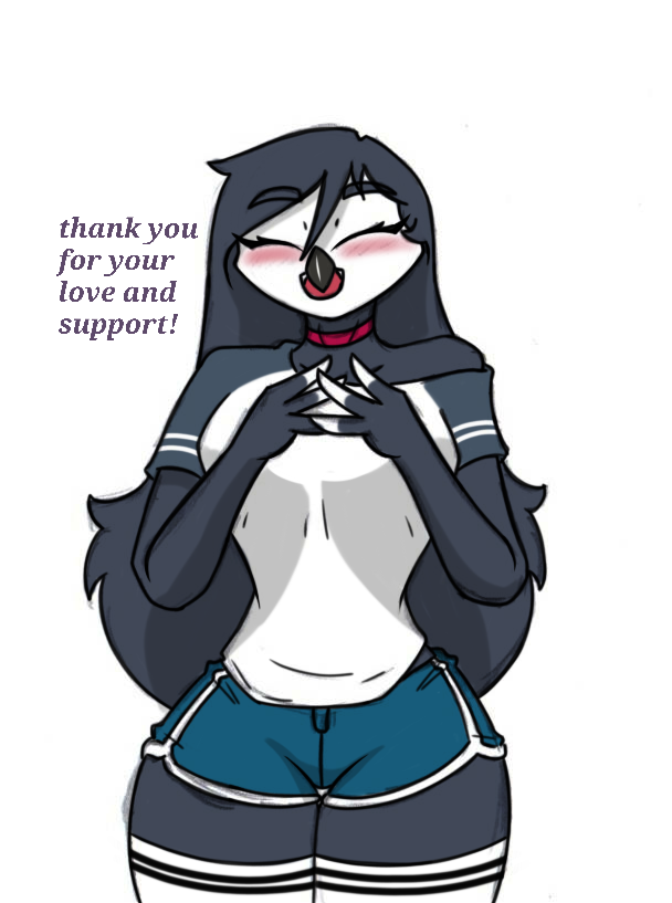 anthro blush blush_lines bottomwear choker clothing dolphin_shorts female happy jewelry legwear necklace shirt simple_background small_waist solo t-shirt talking_to_viewer text thanking thick_thighs thigh_highs topwear wide_hips pace-maker helluva_boss octavia_(helluva_boss) avian avian_demon bird_demon owl_demon 2024 digital_drawing_(artwork) digital_media_(artwork) english_text