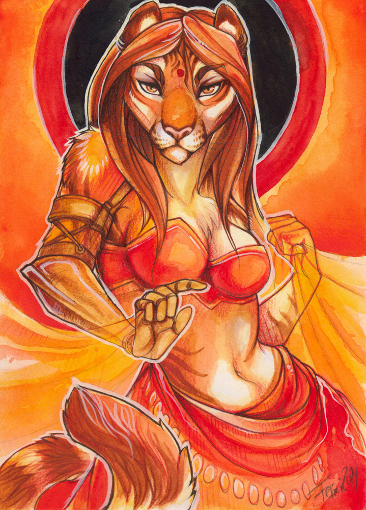 anthro belly_dancer bindi bottomwear breasts brown_hair clothing female fur hair looking_at_viewer midriff navel orange_body orange_eyes orange_fur skirt solo stripes tan_body tan_fur whiskers dr-felici felid mammal pantherine tiger