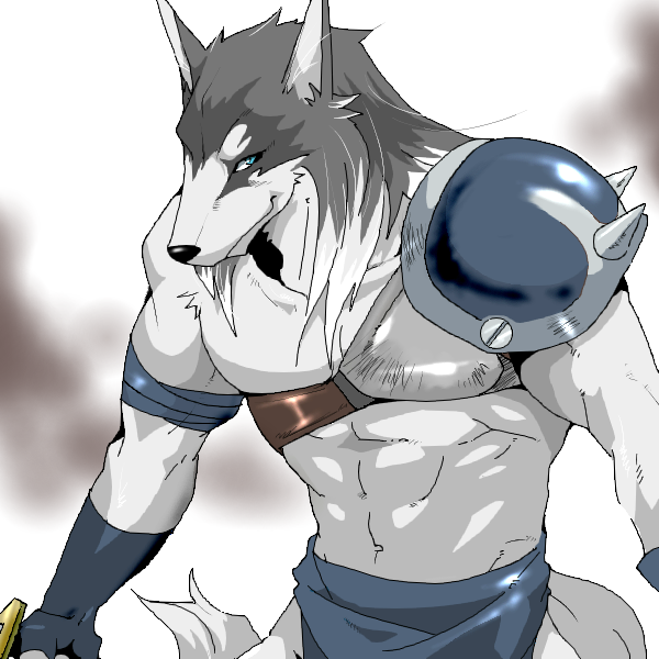 anthro black_nose clothing collarbone fur grey_body grey_ears grey_fur male muscular muscular_anthro muscular_male shoulder_guard solo tail white_body white_fur white_tail chikuwabu feda:_the_emblem_of_justice ain_macdougal canid canine canis mammal wolf 1:1 2013