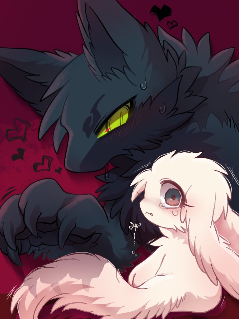 ambiguous_gender anthro big_ears big_tail biped black_body black_claws black_ears black_fur black_heart black_inner_ear black_markings black_pawpads blush bodily_fluids cheek_tuft chest_tuft claws drooling duo ears_down eye_markings eyelashes facial_tuft floppy_ears fluffy fluffy_ears fluffy_tail fur green_eyes green_pupils green_sclera head_tuft heart_symbol kemono larger_anthro long_ears looking_at_viewer looking_back looking_back_at_viewer lop_ears markings monotone_body monotone_fur monotone_tail nude outline_heart pawpads paws pink_eyes pivoted_ears predator/prey pupils saliva scared semi-anthro sitting size_difference smaller_anthro snout sweat sweatdrop tail tears text tuft vocalization white_body white_ears white_fur white_tail mekkyaru black_monster_(mekkyaru) inochi_(mekkyaru) canid canine fox lagomorph mammal 2024 3:4 colored digital_media_(artwork) japanese_text shaded translated