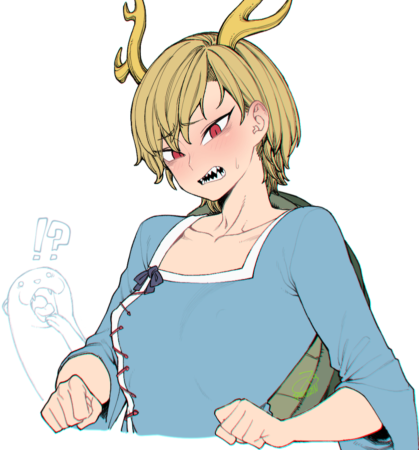 ambiguous_gender antlers blonde_hair blush bodily_fluids breasts clothed clothing duo fangs female feral hair horn interrobang open_mouth pupils red_eyes sharp_teeth shell short_hair slit_pupils small_breasts solo_focus sweat sweatdrop teeth tongue tsurime space_zin mythology touhou yachie_kicchou animal_humanoid dragon dragon_humanoid humanoid mammal mustelid mythological_creature mythological_scalie otter reptile reptile_humanoid scalie scalie_humanoid turtle_humanoid