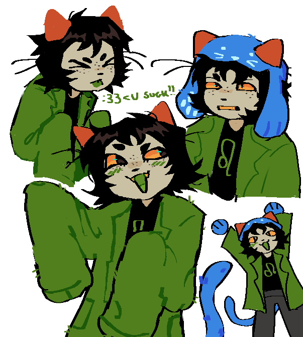 2_horns :3 astrological_symbol black_clothing black_hair black_shirt black_topwear blue_body blue_clothing blue_fur blue_hat blue_headwear blue_tail blush bottomwear clothed clothing coat cute_fangs emoticon fake_paws fangs female freckled_face freckles fully_clothed fur furgonomic_bottomwear furgonomic_headwear furgonomics green_blush green_clothing green_coat green_insides green_mouth green_tongue green_topwear grey_body grey_bottomwear grey_clothing grey_pants grey_skin hair hat headgear headwear horn leo_(symbol) open_mouth orange_horn orange_mouth orange_sclera oversized_clothing oversized_coat oversized_topwear pants shirt short_hair simple_background solo symbol tail teeth text tongue tongue_out topwear unusual_insides western_zodiac_symbol white_background yellow_sclera kittypeb homestuck ms_paint_adventures nepeta_leijon alien alien_humanoid animal_humanoid cat_humanoid felid felid_humanoid feline feline_humanoid horned_humanoid humanoid mammal mammal_humanoid troll_(homestuck) english_text