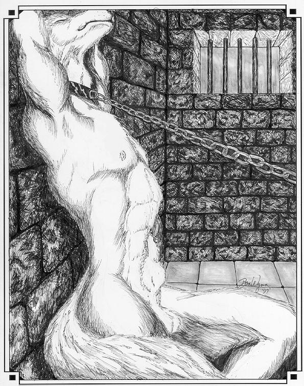 abs animal_genitalia anthro arms_above_head attached_sheath balls bound chain chain_leash chained chained_collar collar collar_only detailed_background eyes_closed floor fur genitals inside leash male nipples nude pecs penis penis_tip prison_bars prison_cell sheath sitting snout solo stretching tail tile tile_floor b_wynn canid canine mammal 1997 greyscale monochrome pen_(artwork) shaded signature traditional_media_(artwork)