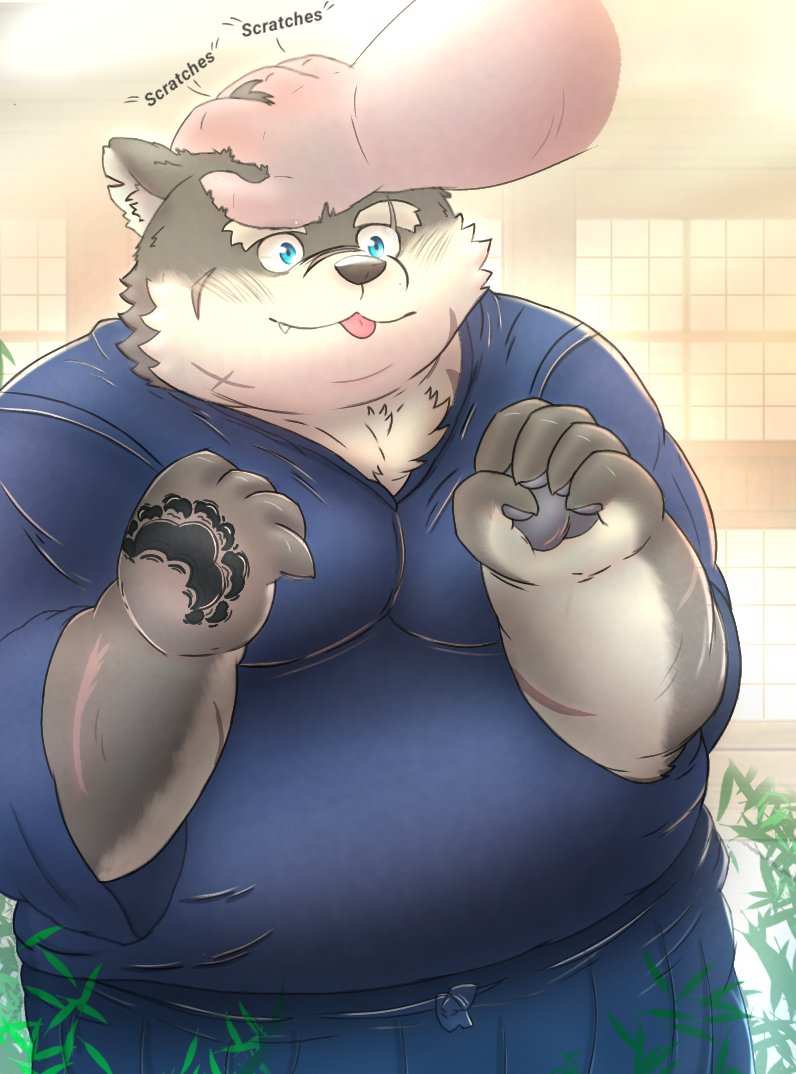 anthro asian_clothing blep clothing duo east_asian_clothing eyebrows fur grey_body grey_fur japanese_clothing kemono male petting scar smile thick_eyebrows tongue tongue_out natsonano lifewonders tokyo_afterschool_summoners moritaka_(tas) canid canine canis domestic_dog human mammal