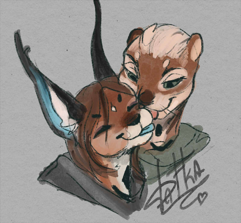 anthro duo female green_eyes kissing long_ears male smile dafka bufl_(dafka) ivan_(ivan9402) caracal caracal_(genus) felid feline mammal mustelid otter 2020 digital_media_(artwork) headshot_portrait portrait sketch