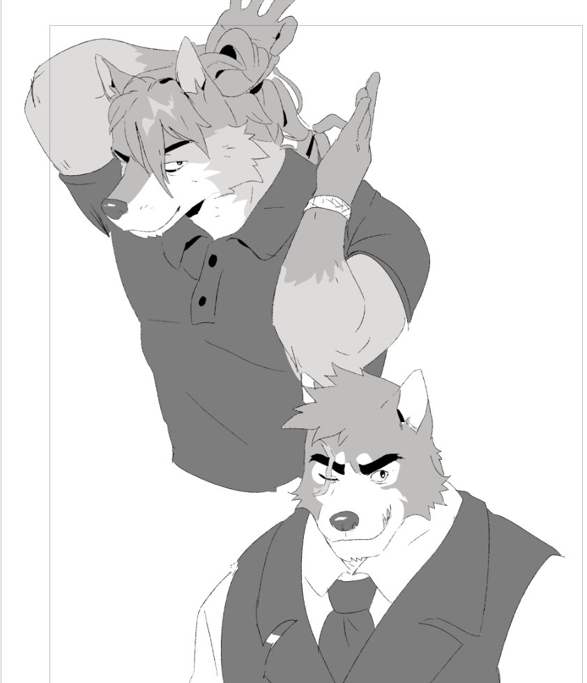 anthro armband clothing duo eye_scar facial_scar hair male necktie polo_shirt ponytail scar shirt topwear tying_hair vest st4rsbucks anothereidos_of_dragon_vein_r orta_(anothereidos_r) pollon_(anothereidos_r) canid canine canis jackal mammal wolf