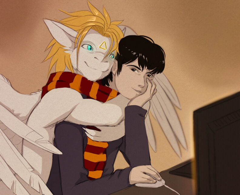 anthro black_hair blonde_hair blue_eyes computer duo electronics feathered_wings feathers fur hair happy hug male scarf smile wings cerezo mythology siegfried angel angel_dragon dragon furred_dragon furred_scalie human mammal mythological_creature mythological_scalie scalie