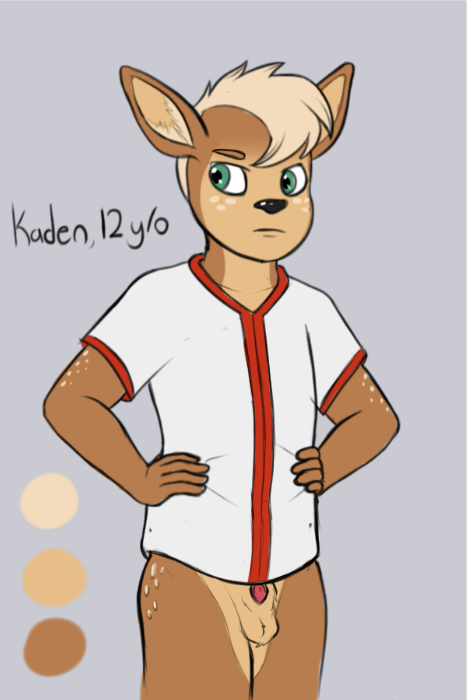 animal_genitalia annoyed anthro balls biped bottomless clothed clothing color_swatch genitals grumpy hands_on_hips looking_away male penis penis_tip pose sheath shirt shota solo standing topwear young young_anthro zaxstar kaden_(deer) deer mammal flat_colors model_sheet