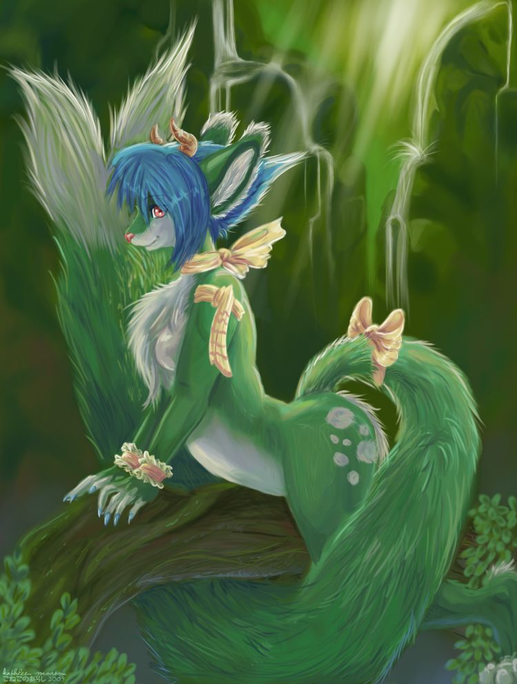 anthro breasts chest_tuft detailed_background female forest fur nature nude outside plant side_boob solo tail tree tuft water waterfall wood kathleen_morton konekonoarashi vinera langurhali 2005 green_theme watermark